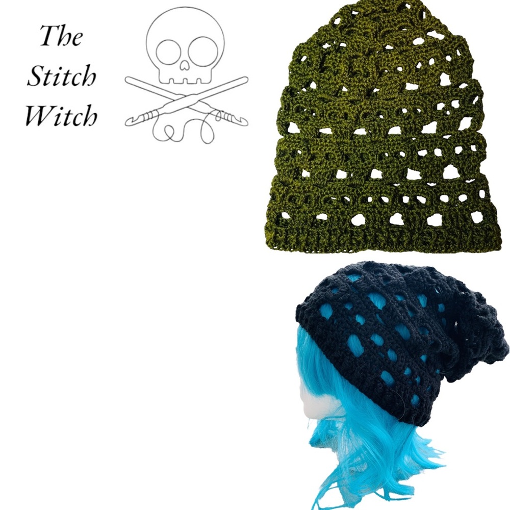 HAND CROCHETED Skull Motif Slouch Beanie Green